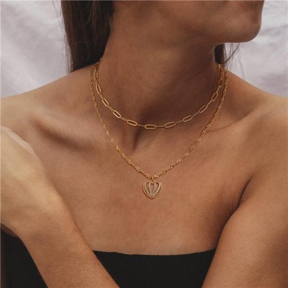 Layered Heart Necklace Pendant Handmade 18k Gold Plated Dainty Gold Choker - Picture 4 of 6